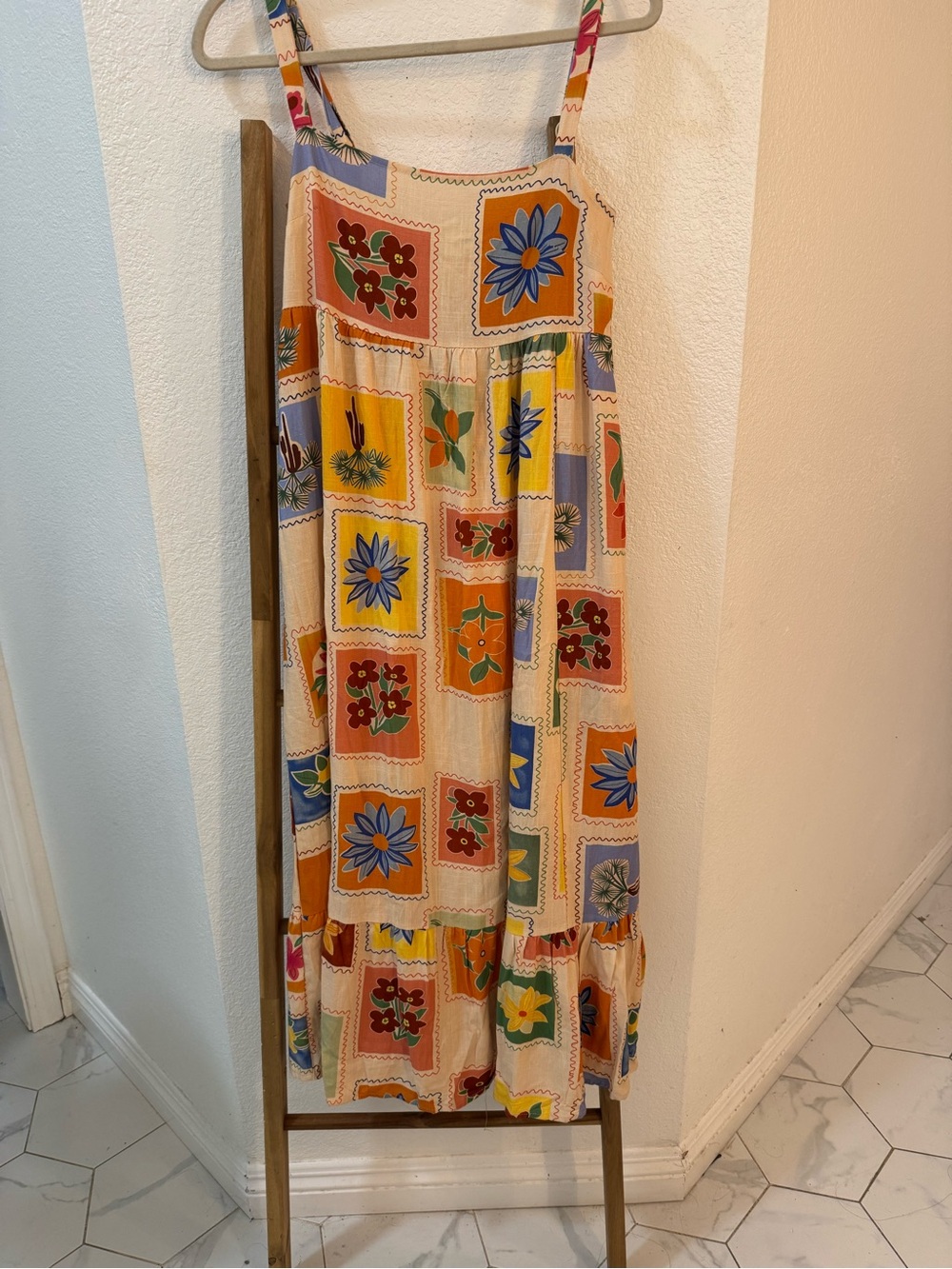 Kindred Patchwork Floral Maxi Sundress in Cream and Orange Linen Blend Size S